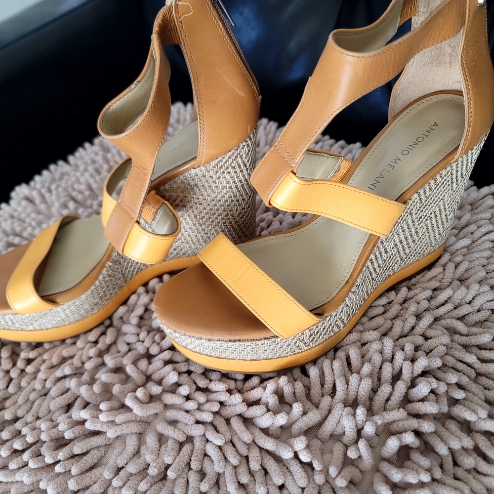 ANTONIO MELANI Mustard and Tan Wedge Sandals